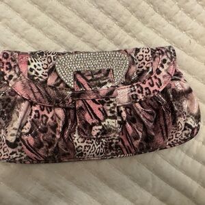 Express Pink Animal Print Clutch with Rhinestone Accent